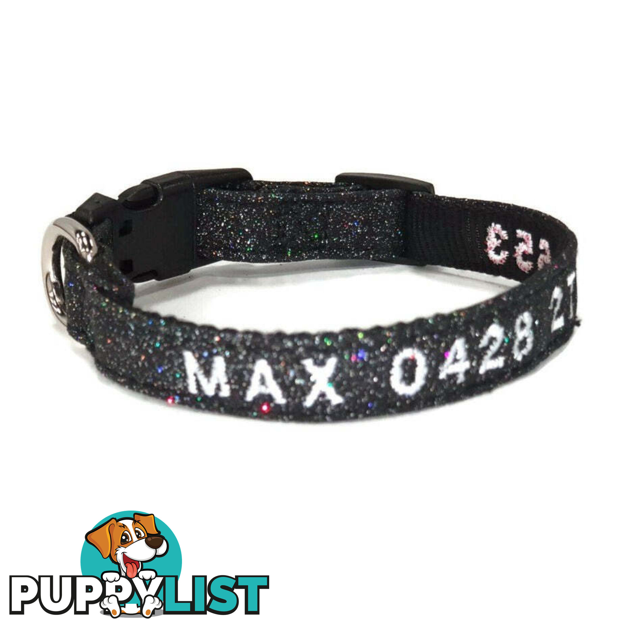 Doggie ID Collar - Bling Glitter Overlay Nylon Collar, Embroidered Personised Custom. - GC-DIC-BLING-M-SLV