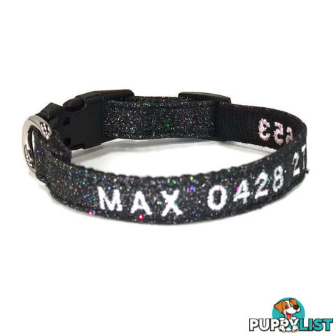 Doggie ID Collar - Bling Glitter Overlay Nylon Collar, Embroidered Personised Custom. - GC-DIC-BLING-M-SLV