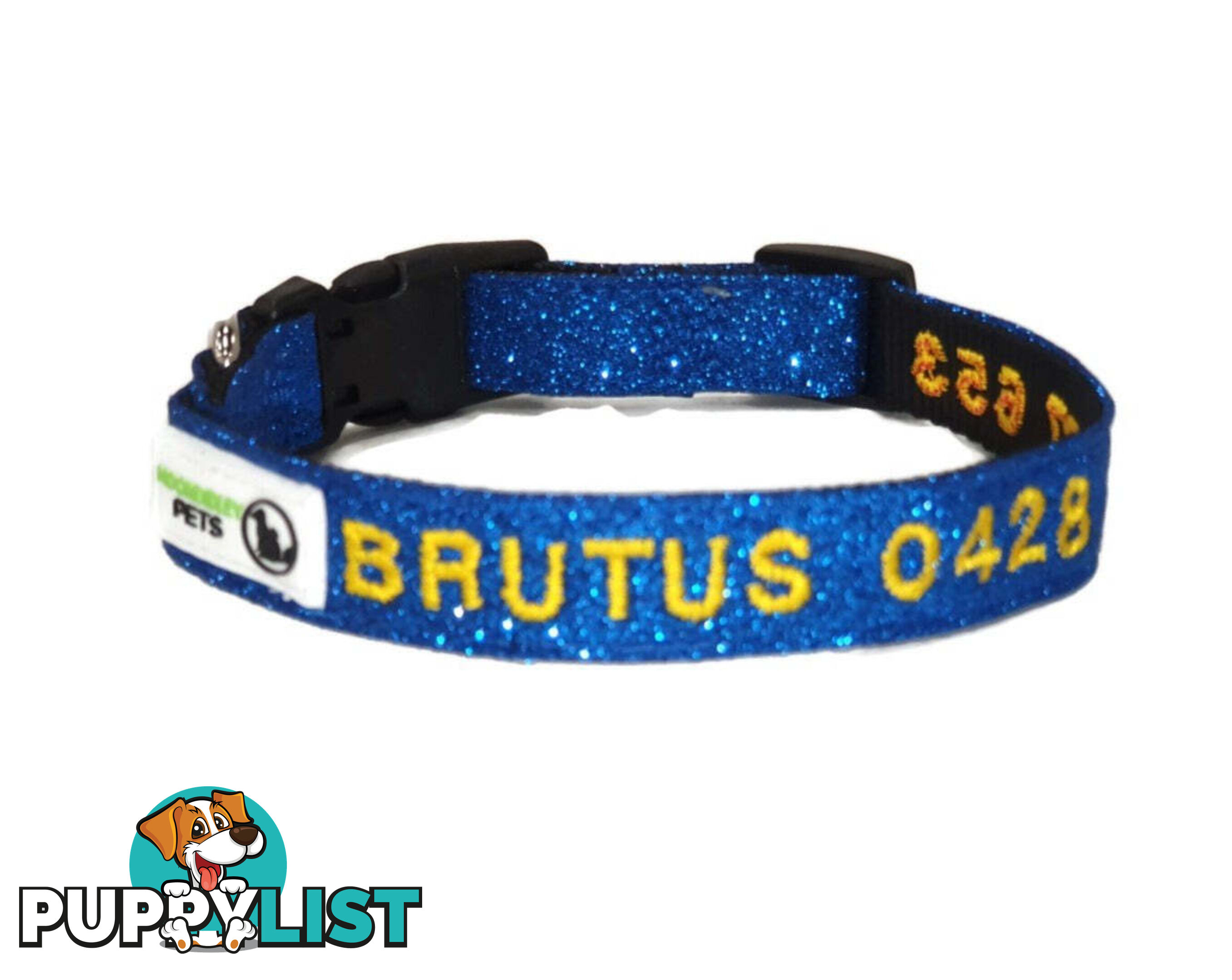 Doggie ID Collar - Bling Glitter Overlay Nylon Collar, Embroidered Personised Custom. - GC-DIC-BLING-M-SLV