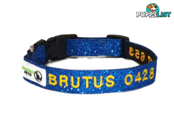 Doggie ID Collar - Bling Glitter Overlay Nylon Collar, Embroidered Personised Custom. - GC-DIC-BLING-M-SLV