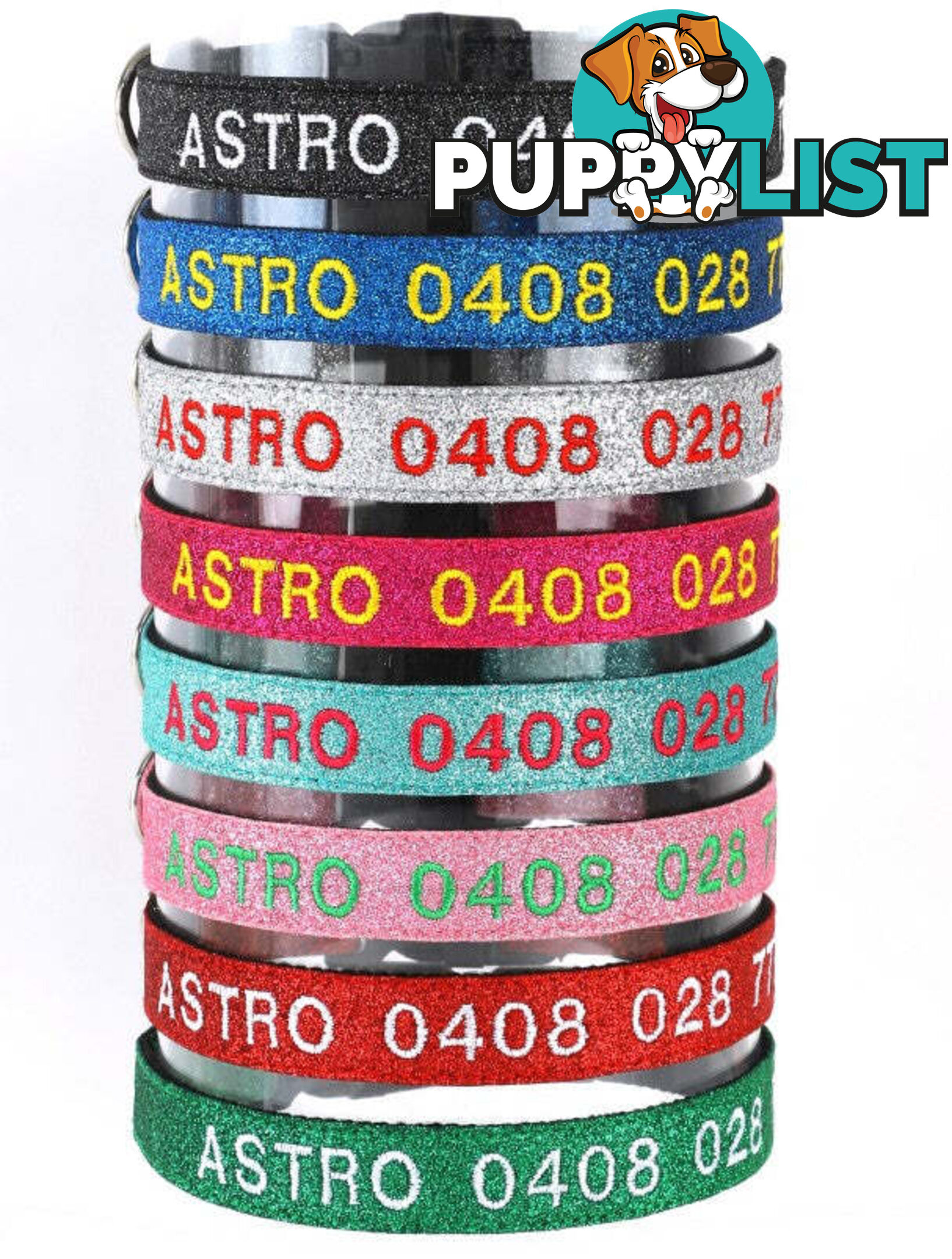 Doggie ID Collar - Bling Glitter Overlay Nylon Collar, Embroidered Personised Custom. - GC-DIC-BLING-M-SLV