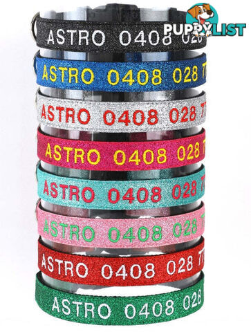 Doggie ID Collar - Bling Glitter Overlay Nylon Collar, Embroidered Personised Custom. - GC-DIC-BLING-M-SLV