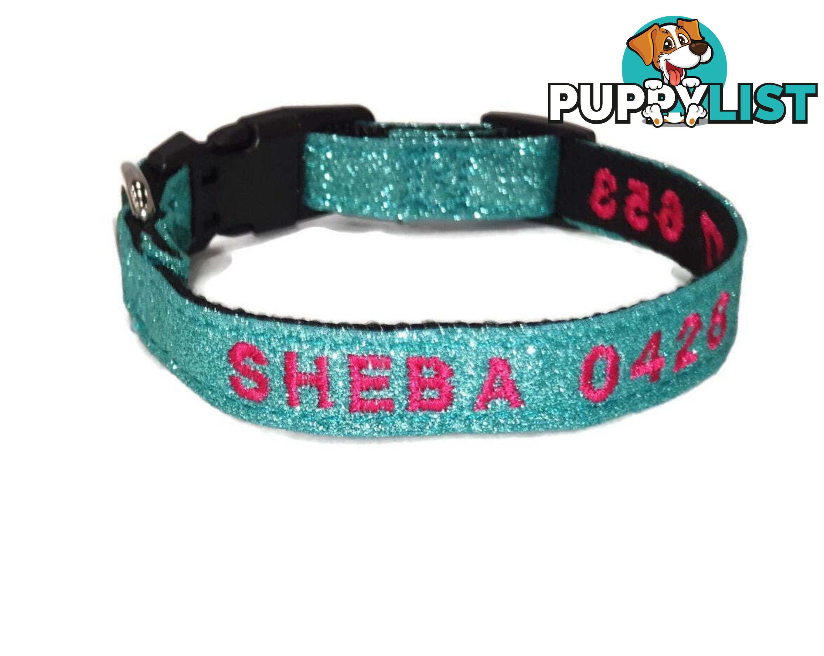 Doggie ID Collar - Bling Glitter Overlay Nylon Collar, Embroidered Personised Custom. - GC-DIC-BLING-M-SLV