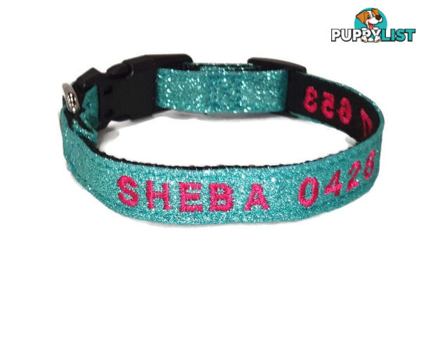 Doggie ID Collar - Bling Glitter Overlay Nylon Collar, Embroidered Personised Custom. - GC-DIC-BLING-M-SLV