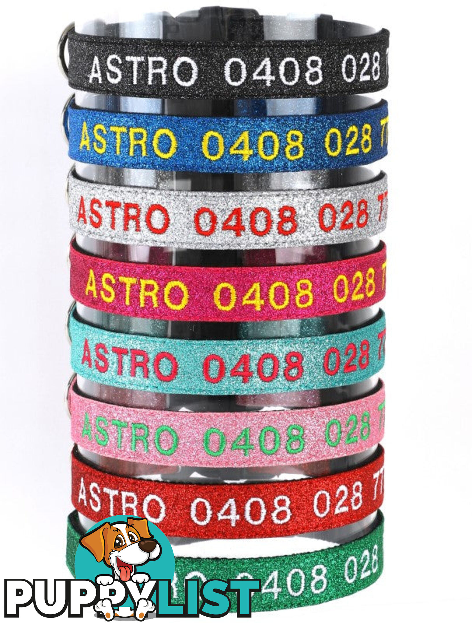Doggie ID Collar - Bling Glitter Overlay Nylon Collar, Embroidered Personised Custom. - GC-DIC-BLING-M-SLV