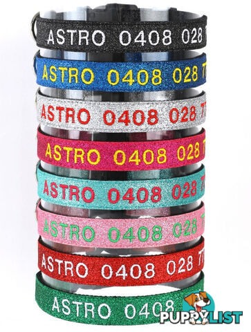 Doggie ID Collar - Bling Glitter Overlay Nylon Collar, Embroidered Personised Custom. - GC-DIC-BLING-M-SLV