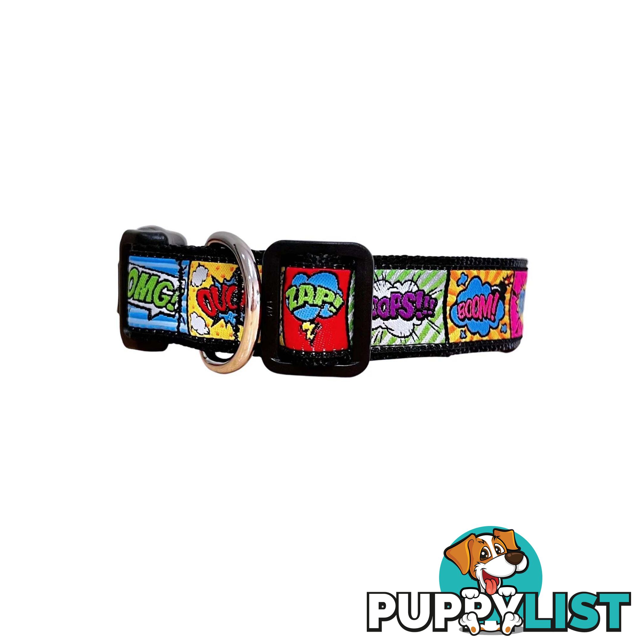 Comic Mania Dog Collar / XS - L - Hand Made by The Bark Side - TSBCOMMEDBLK