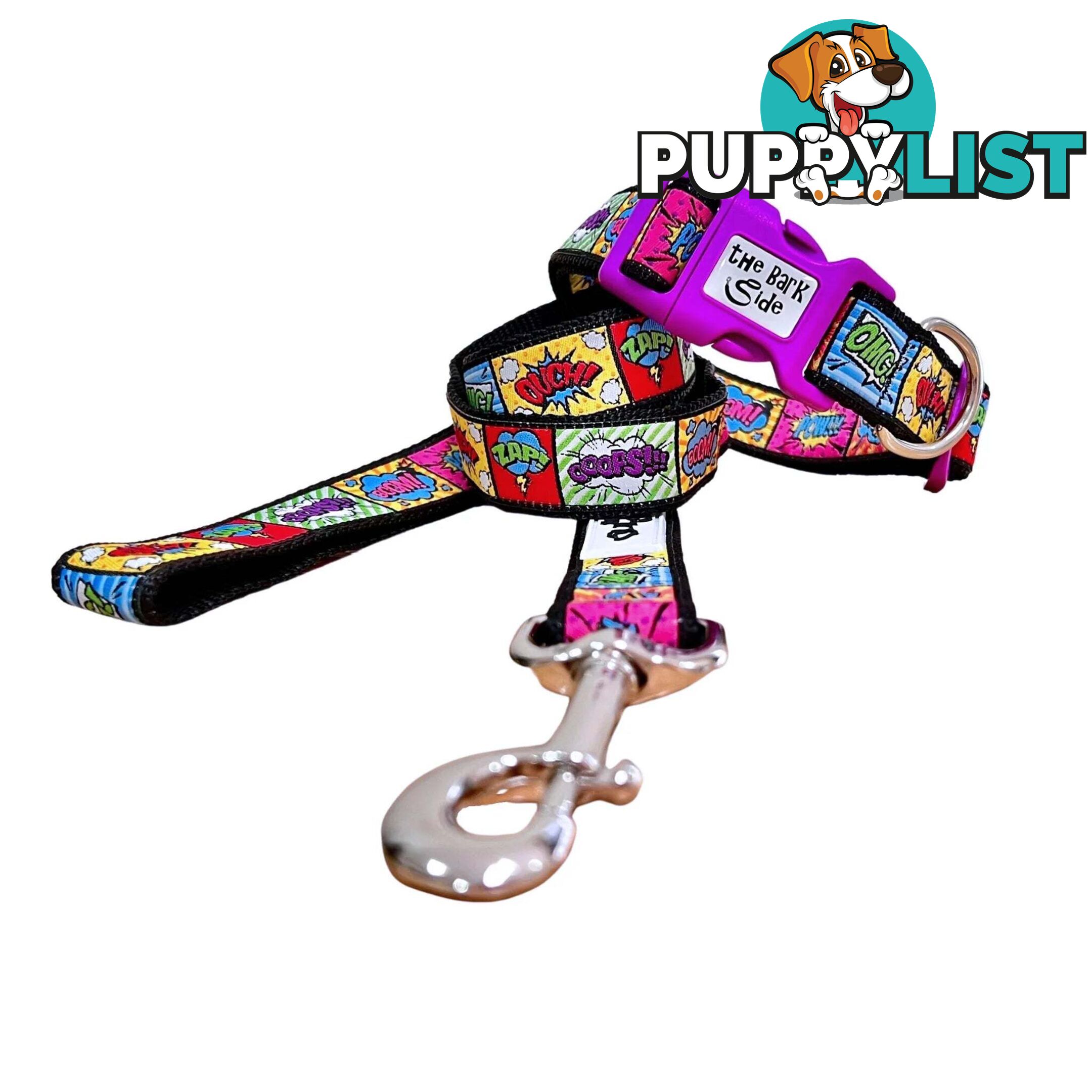 Comic Mania Dog Collar / XS - L - Hand Made by The Bark Side - TSBCOMMEDBLK
