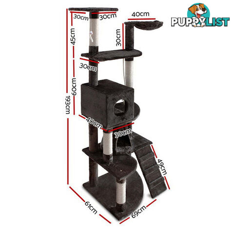 i.Pet Cat Tree 193cm Tower Scratching Post Scratcher Condo House Trees Grey - PET-CAT-HSCT018-GR