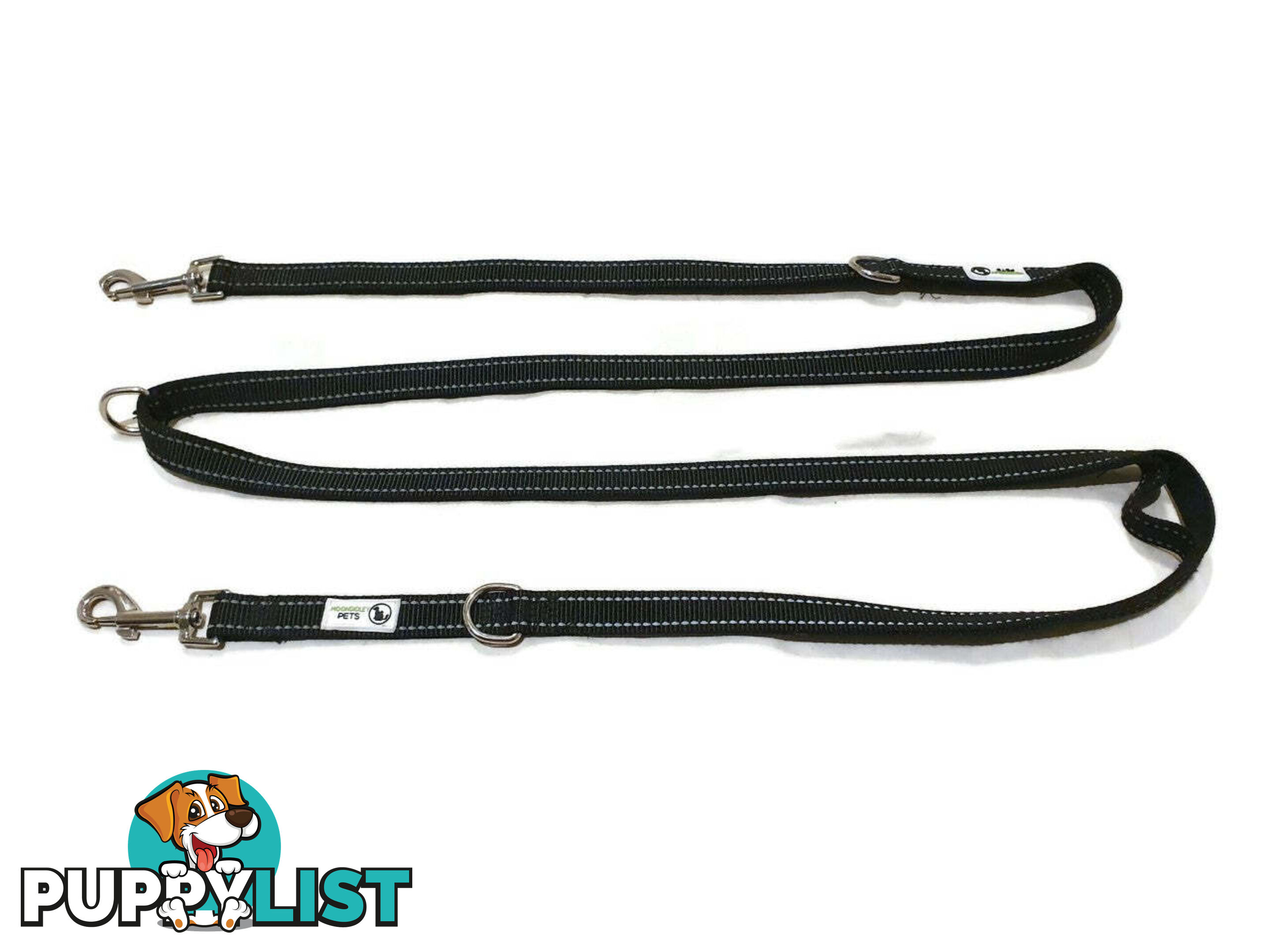 Multi Dog Lead - Nylon w/Reflective Stitching - Double Clip ,Coupler, Waist Belt, Short/Long, Quicktie Moondidley Pets - MDPLDMUL20BLK