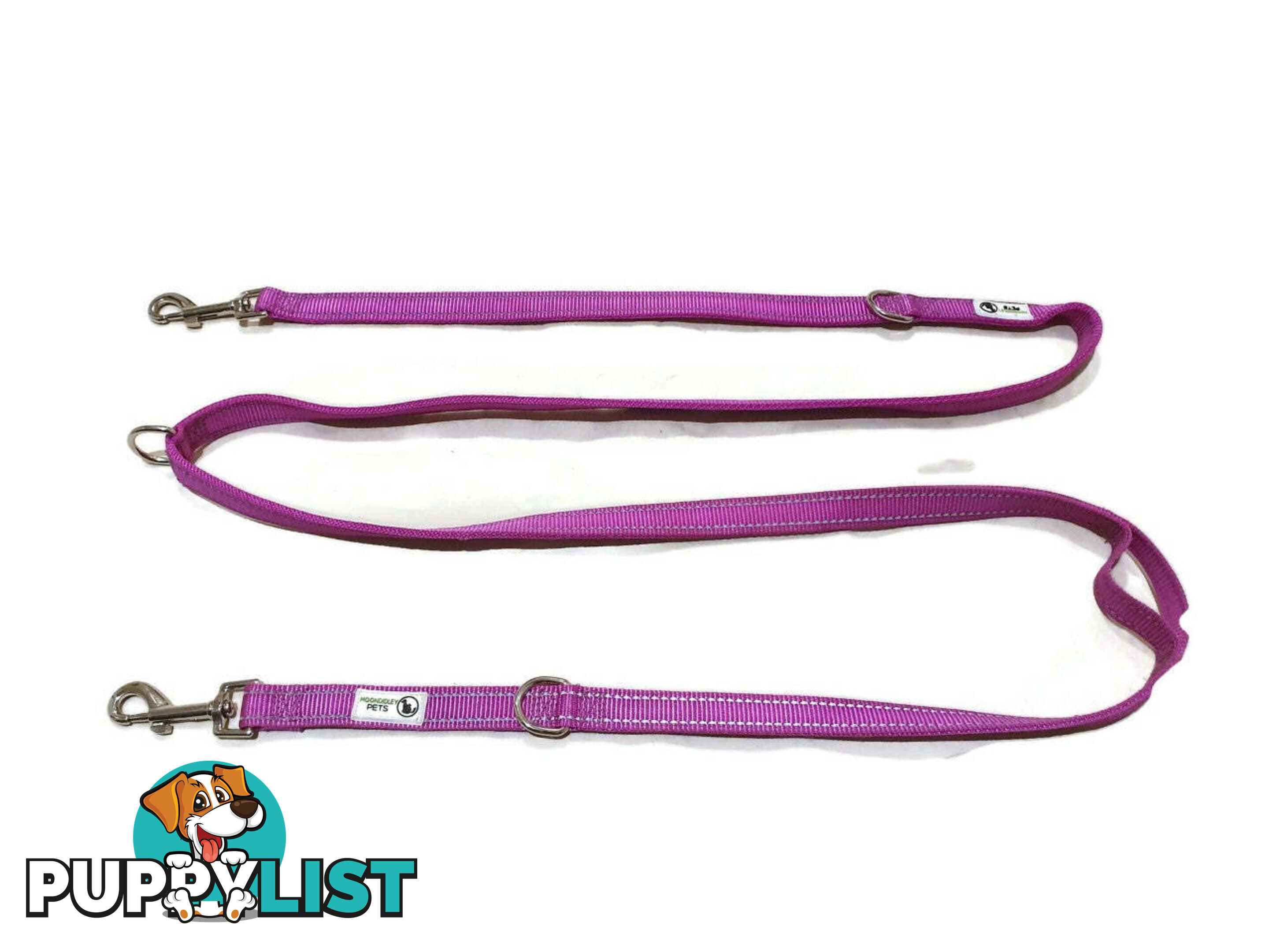 Multi Dog Lead - Nylon w/Reflective Stitching - Double Clip ,Coupler, Waist Belt, Short/Long, Quicktie Moondidley Pets - MDPLDMUL20BLK
