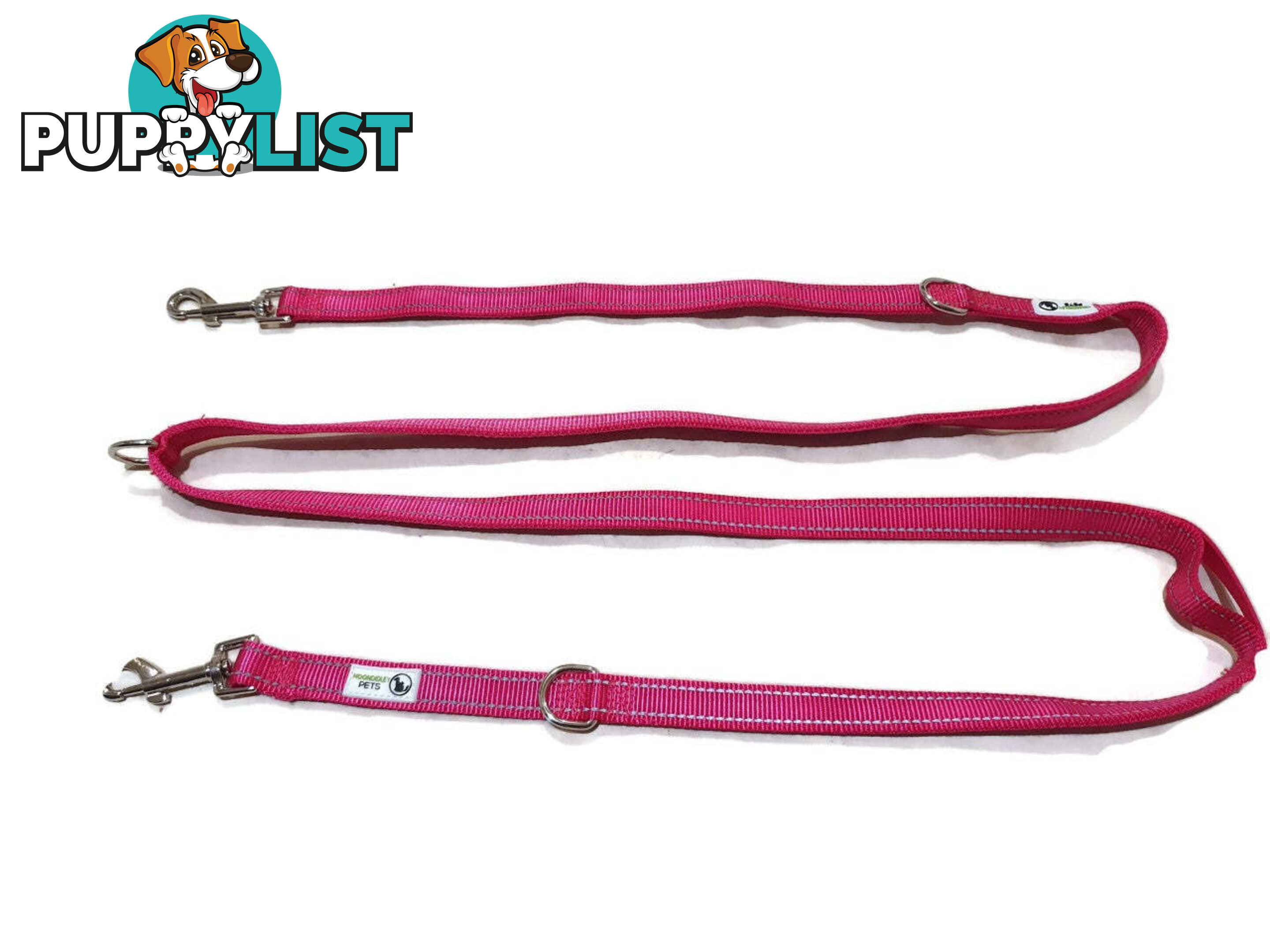 Multi Dog Lead - Nylon w/Reflective Stitching - Double Clip ,Coupler, Waist Belt, Short/Long, Quicktie Moondidley Pets - MDPLDMUL20BLK