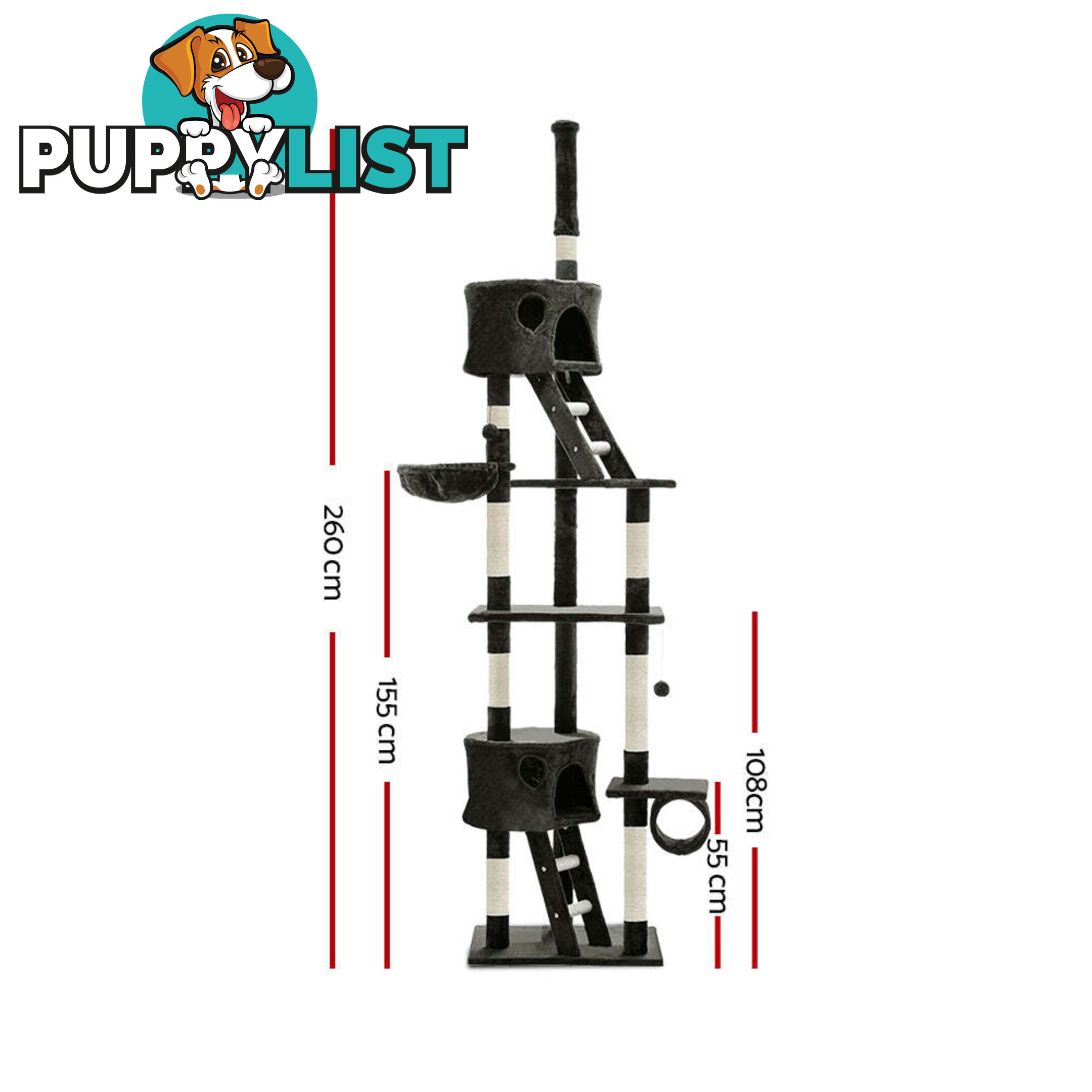 i.Pet Cat Tree 260cm Tower Scratching Post Scratcher Condo House Trees Grey - PET-CAT-HSCT260-GR