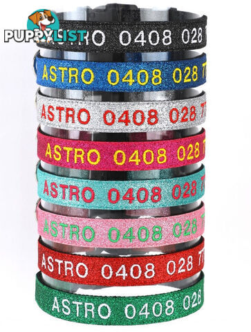 Doggie ID Collar - Bling Glitter Overlay Nylon Collar, Embroidered Personised Custom. - GC-DIC-BLING-XS-TUR