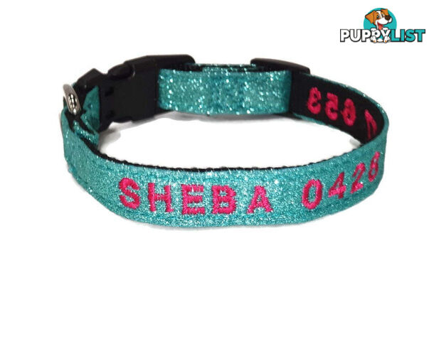 Doggie ID Collar - Bling Glitter Overlay Nylon Collar, Embroidered Personised Custom. - GC-DIC-BLING-XS-TUR