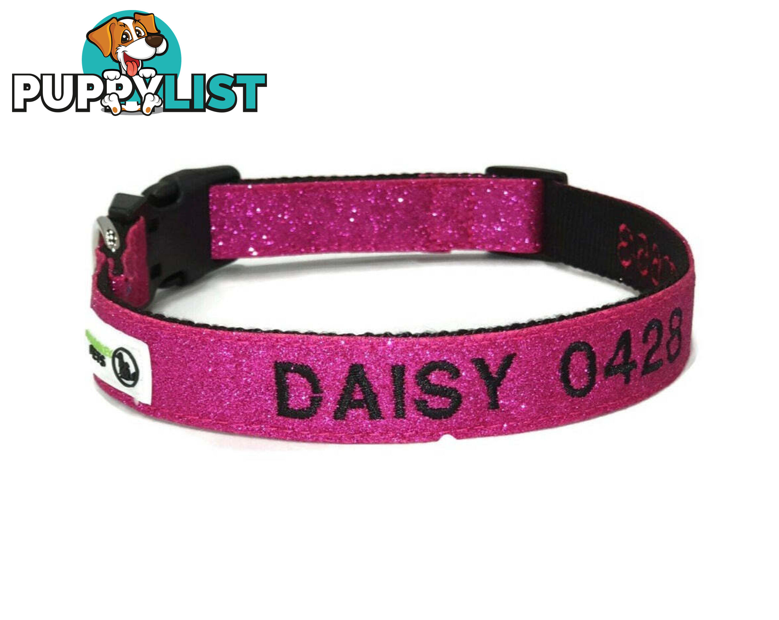 Doggie ID Collar - Bling Glitter Overlay Nylon Collar, Embroidered Personised Custom. - GC-DIC-BLING-XS-TUR