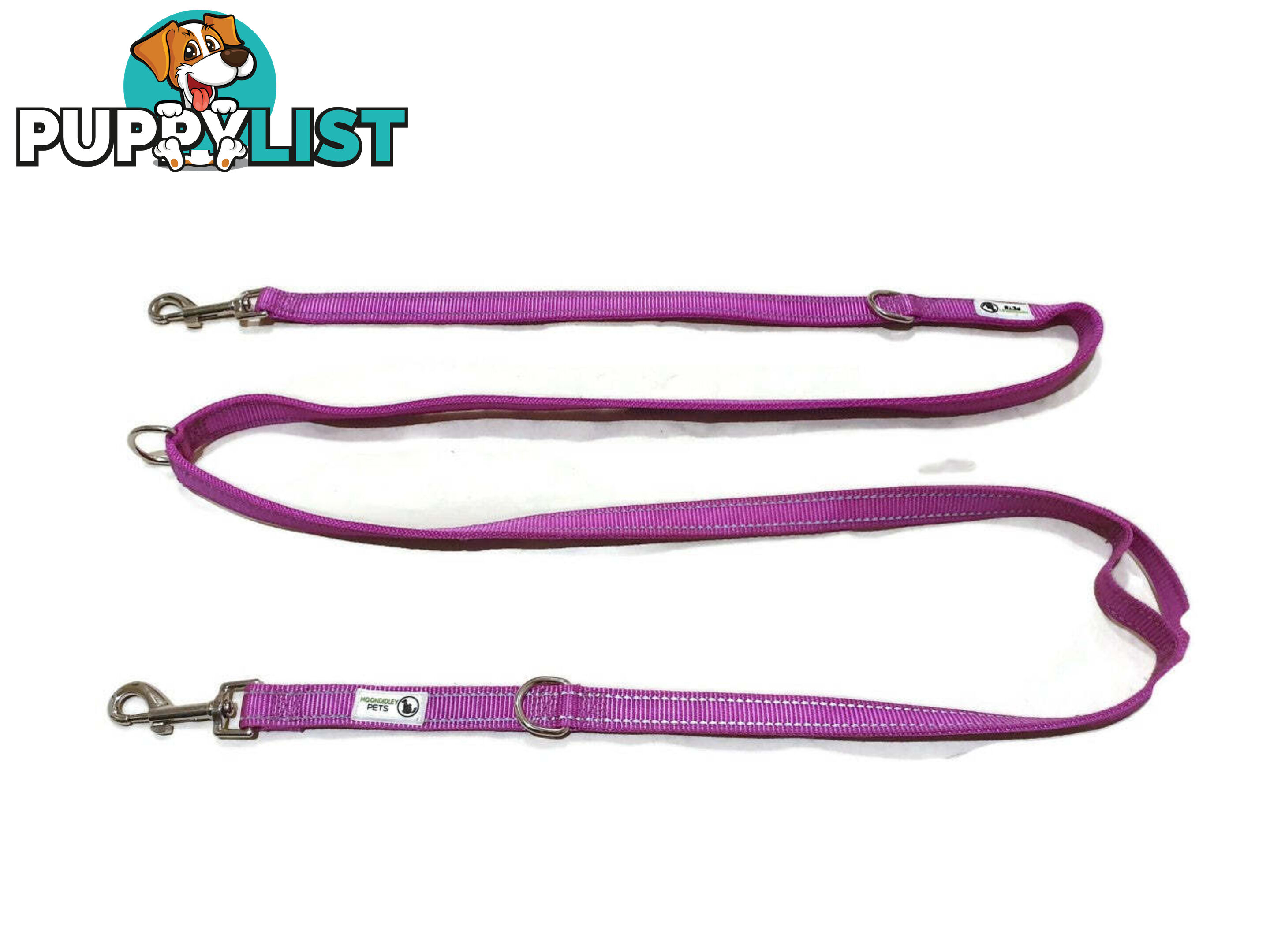 Multi Dog Lead - Nylon w/Reflective Stitching - Double Clip ,Coupler, Waist Belt, Short/Long, Quicktie Moondidley Pets - MDPLDMUL25TUR