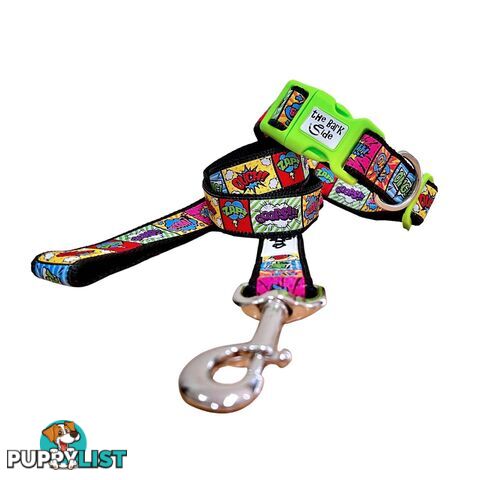 Comic Mania Dog Collar / XS - L - Hand Made by The Bark Side - TBSCOMMEDGRN