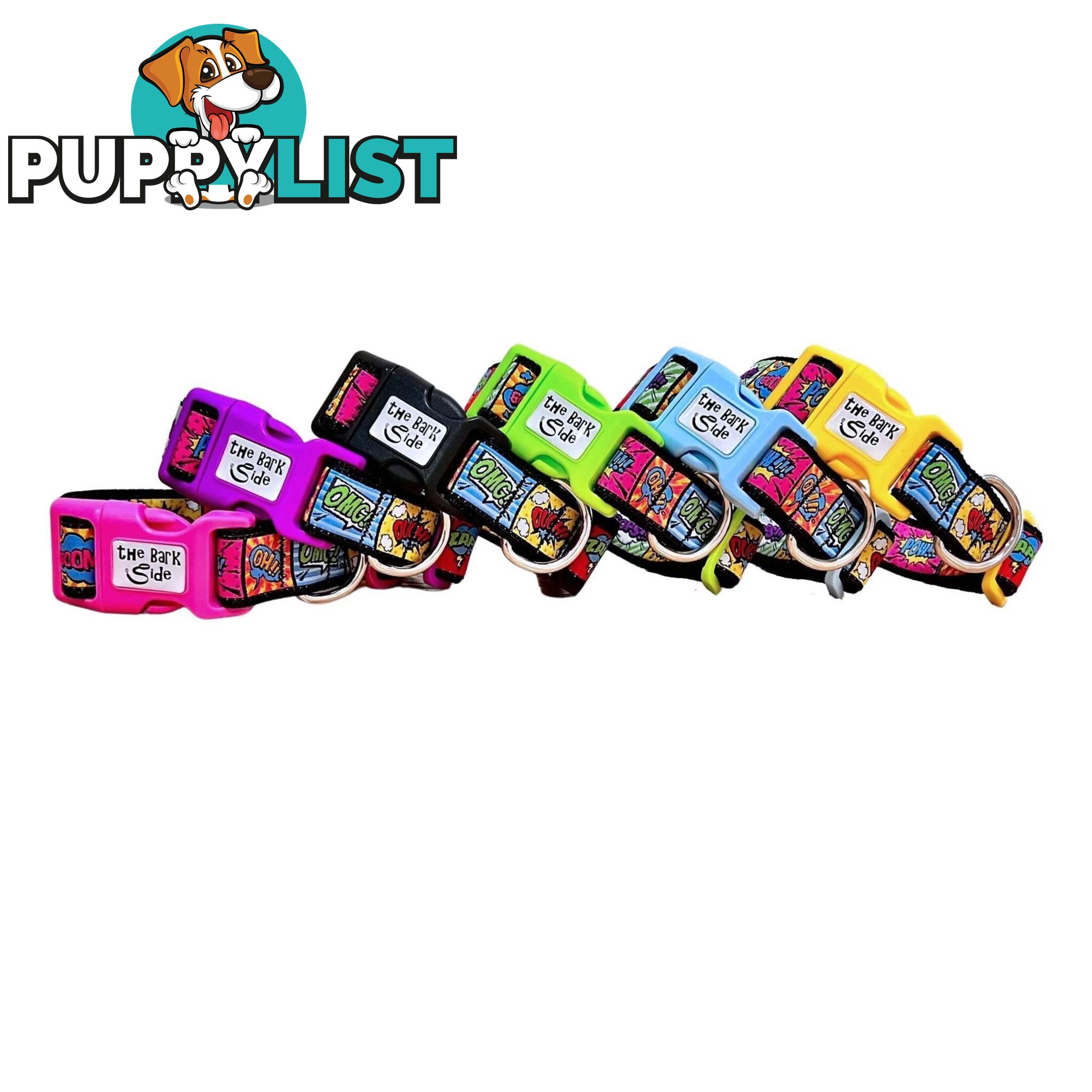 Comic Mania Dog Collar / XS - L - Hand Made by The Bark Side - TBSCOMMEDGRN