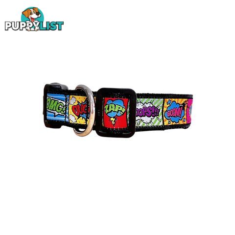 Comic Mania Dog Collar / XS - L - Hand Made by The Bark Side - TBSCOMMEDGRN