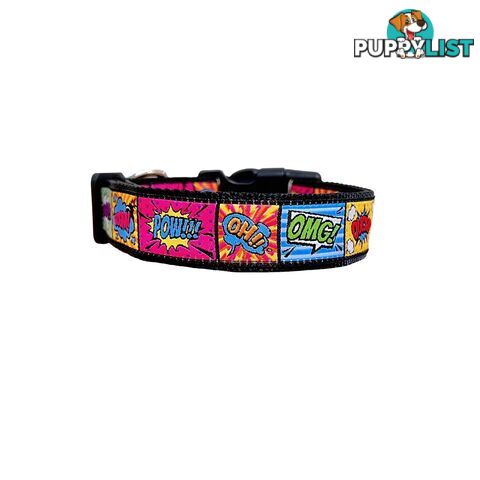 Comic Mania Dog Collar / XS - L - Hand Made by The Bark Side - TBSCOMMEDGRN