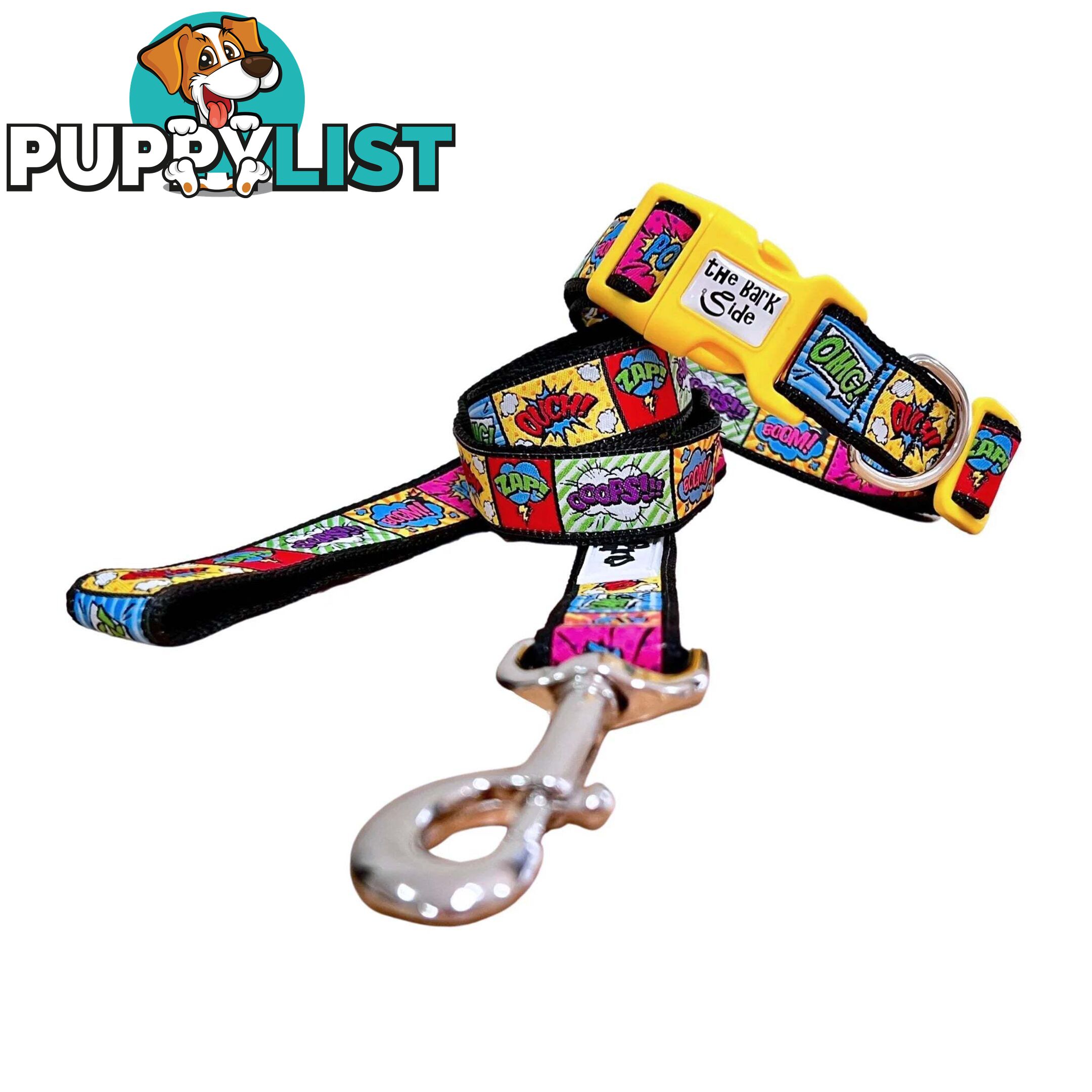 Comic Mania Dog Collar / XS - L - Hand Made by The Bark Side - TBSCOMMEDGRN