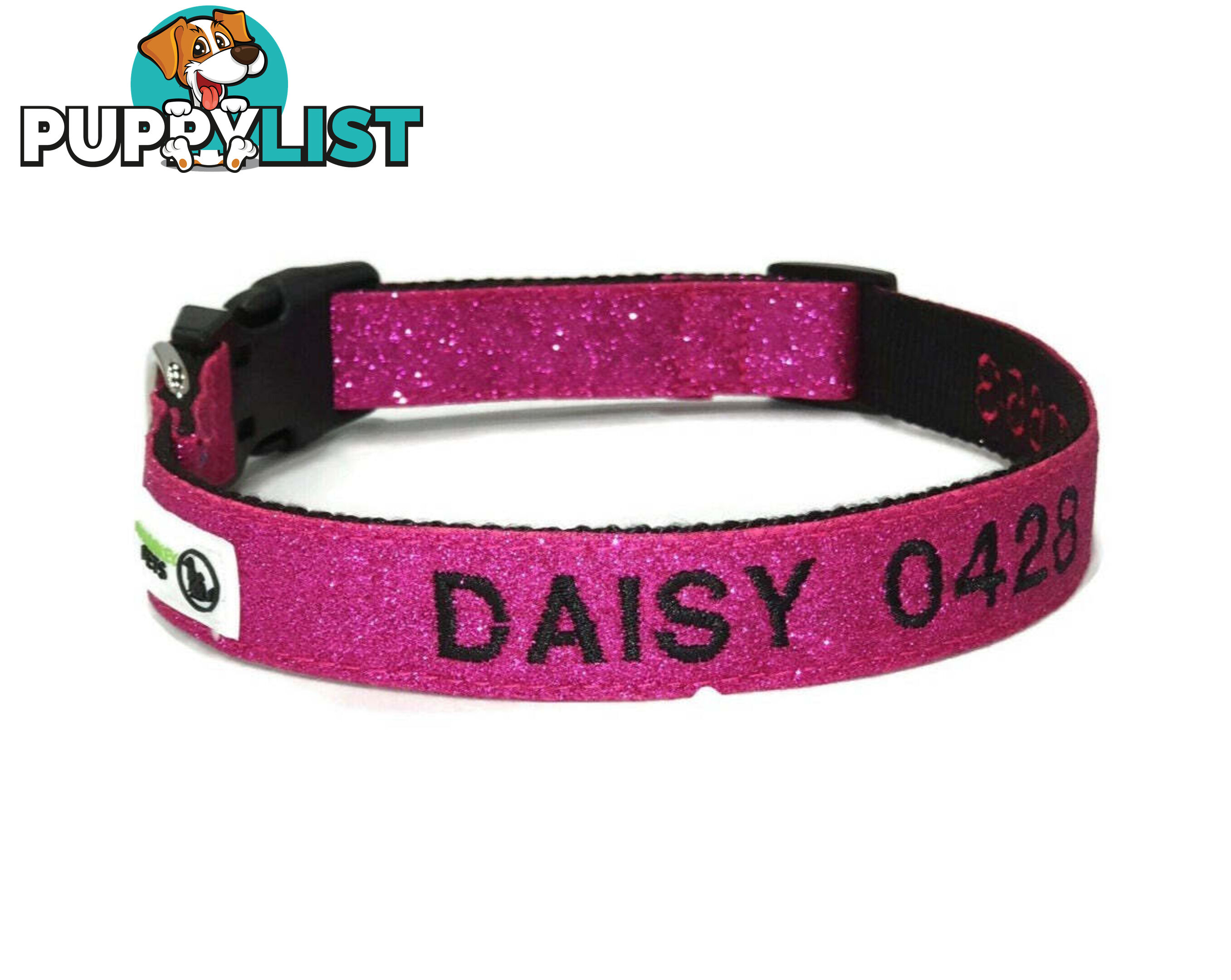 Doggie ID Collar - Bling Glitter Overlay Nylon Collar, Embroidered Personised Custom. - GC-DIC-BLING-S-LPNK