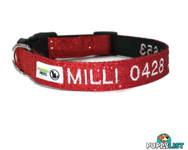 Doggie ID Collar - Bling Glitter Overlay Nylon Collar, Embroidered Personised Custom. - GC-DIC-BLING-S-LPNK