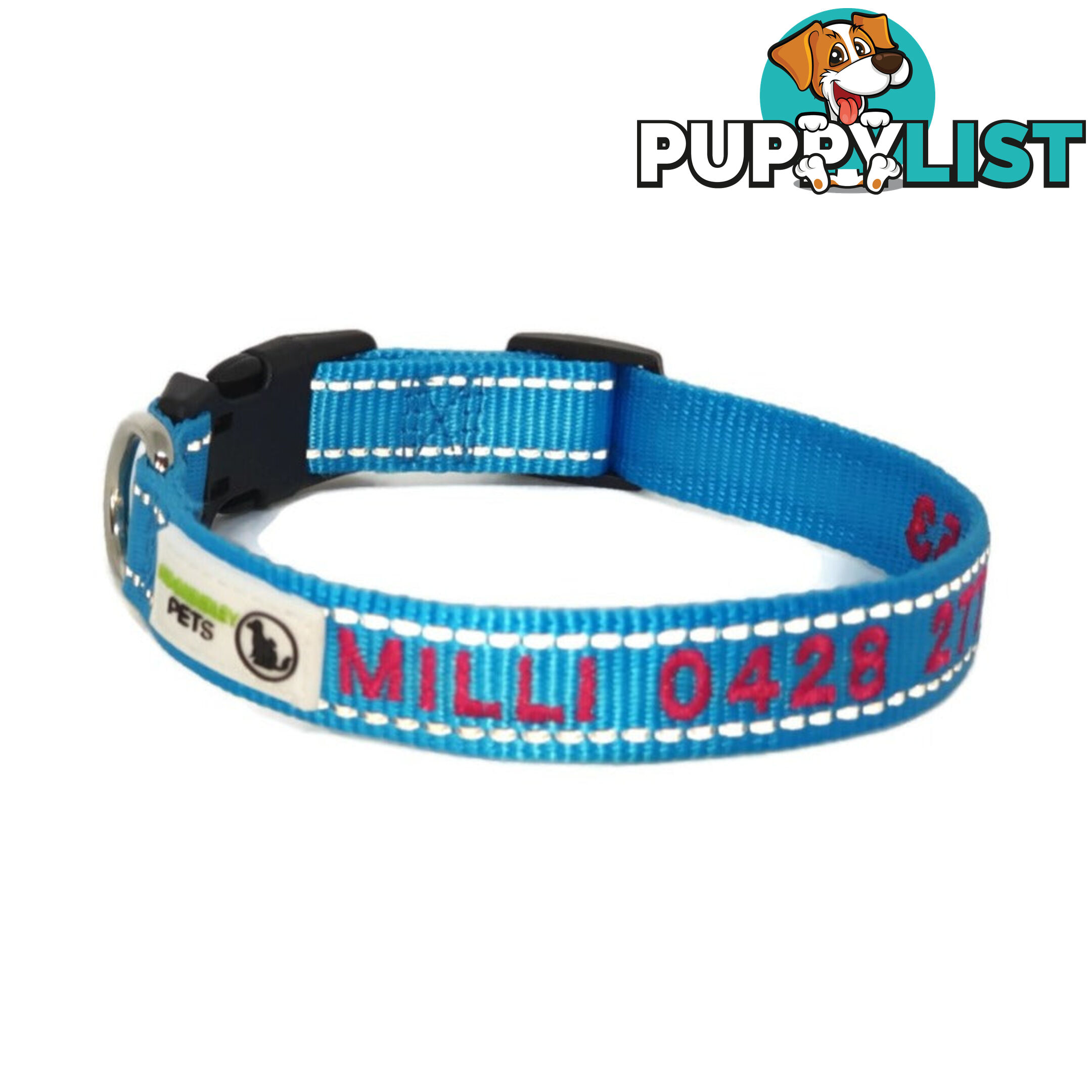 Doggie ID Collar Nylon w/Reflective Stitching Embroidered Personalised Custom. - GC-DIC-031-M-PNK