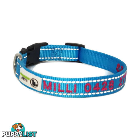 Doggie ID Collar Nylon w/Reflective Stitching Embroidered Personalised Custom. - GC-DIC-031-M-PNK