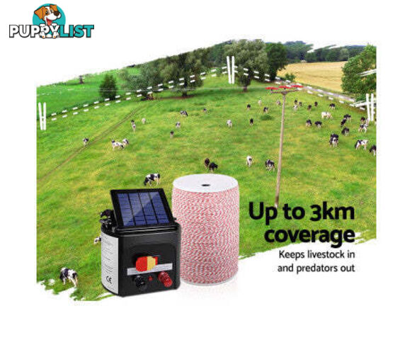 Giantz 3KM 5KM OR 8KM Solar Electric Fence Energiser Energizer 2000M Poly Fencing Wire Tape - SFC-SO30-8KM-2000-NS