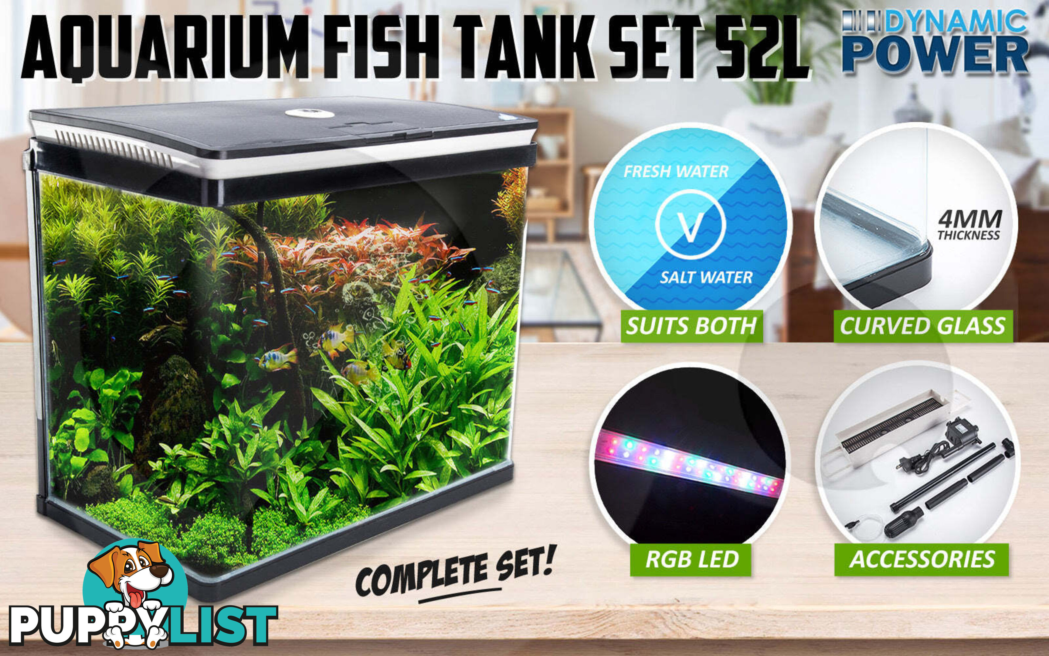 Aquarium Curved Glass RGB LED Fish Tank Set Filter Pump 52L - V274-AQ-FT52L-BK