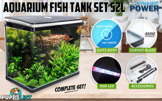 Aquarium Curved Glass RGB LED Fish Tank Set Filter Pump 52L - V274-AQ-FT52L-BK