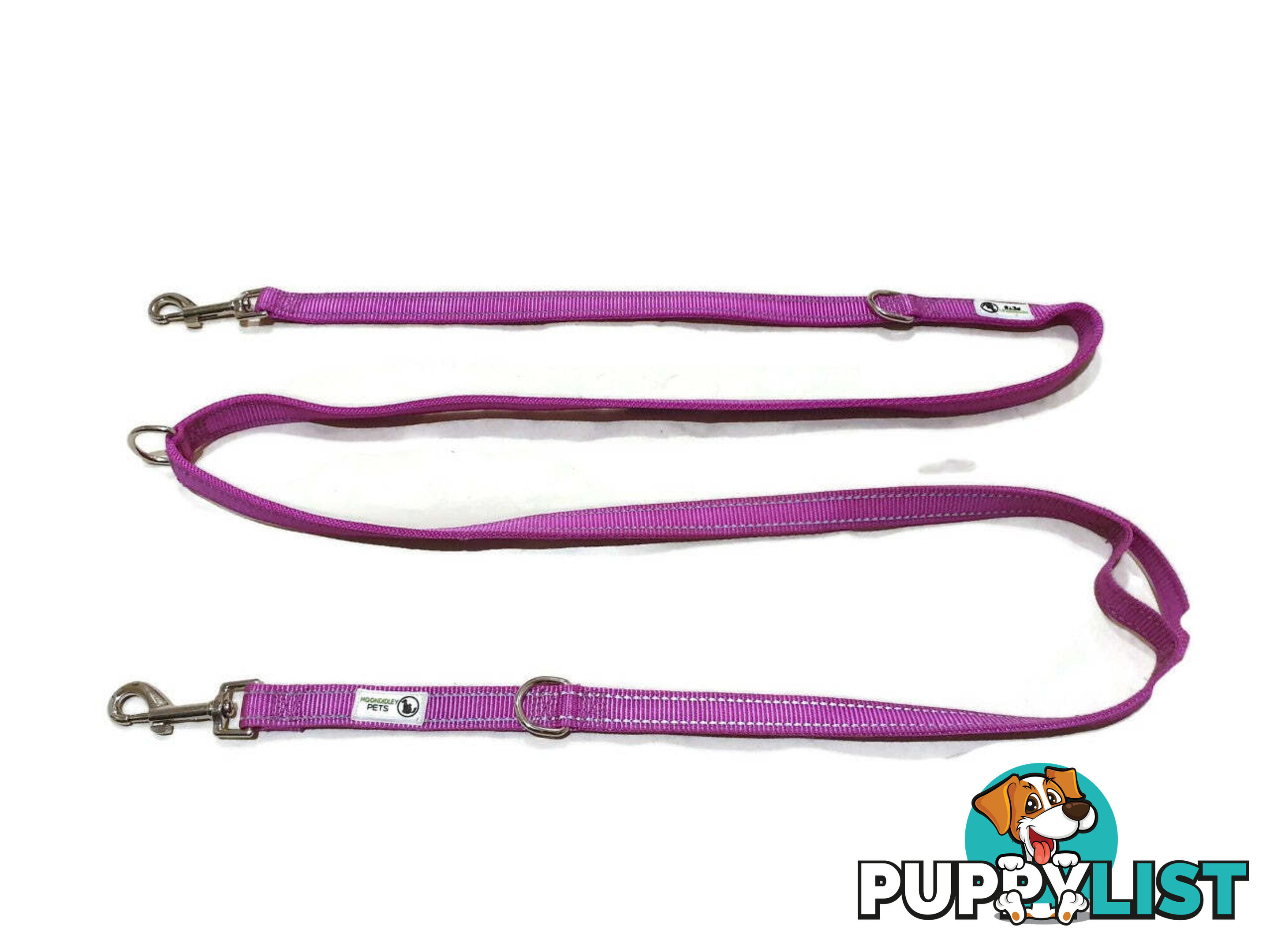 Multi Dog Lead - Nylon w/Reflective Stitching - Double Clip ,Coupler, Waist Belt, Short/Long, Quicktie Moondidley Pets - MDPLDMUL25PUR