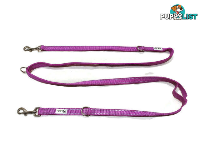 Multi Dog Lead - Nylon w/Reflective Stitching - Double Clip ,Coupler, Waist Belt, Short/Long, Quicktie Moondidley Pets - MDPLDMUL25PUR
