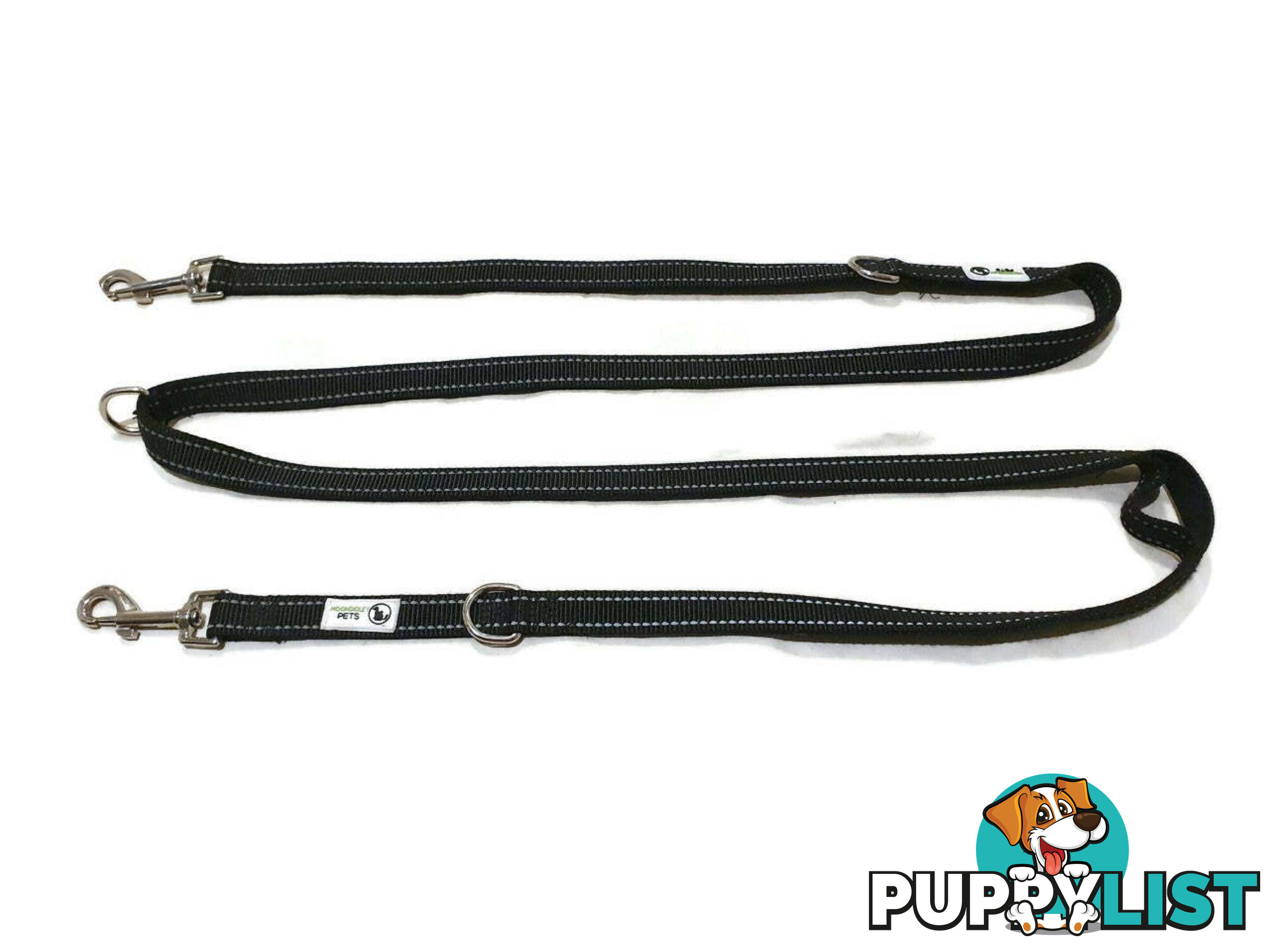 Multi Dog Lead - Nylon w/Reflective Stitching - Double Clip ,Coupler, Waist Belt, Short/Long, Quicktie Moondidley Pets - MDPLDMUL25PUR