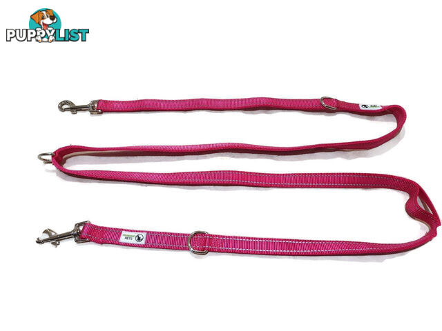 Multi Dog Lead - Nylon w/Reflective Stitching - Double Clip ,Coupler, Waist Belt, Short/Long, Quicktie Moondidley Pets - MDPLDMUL25PUR