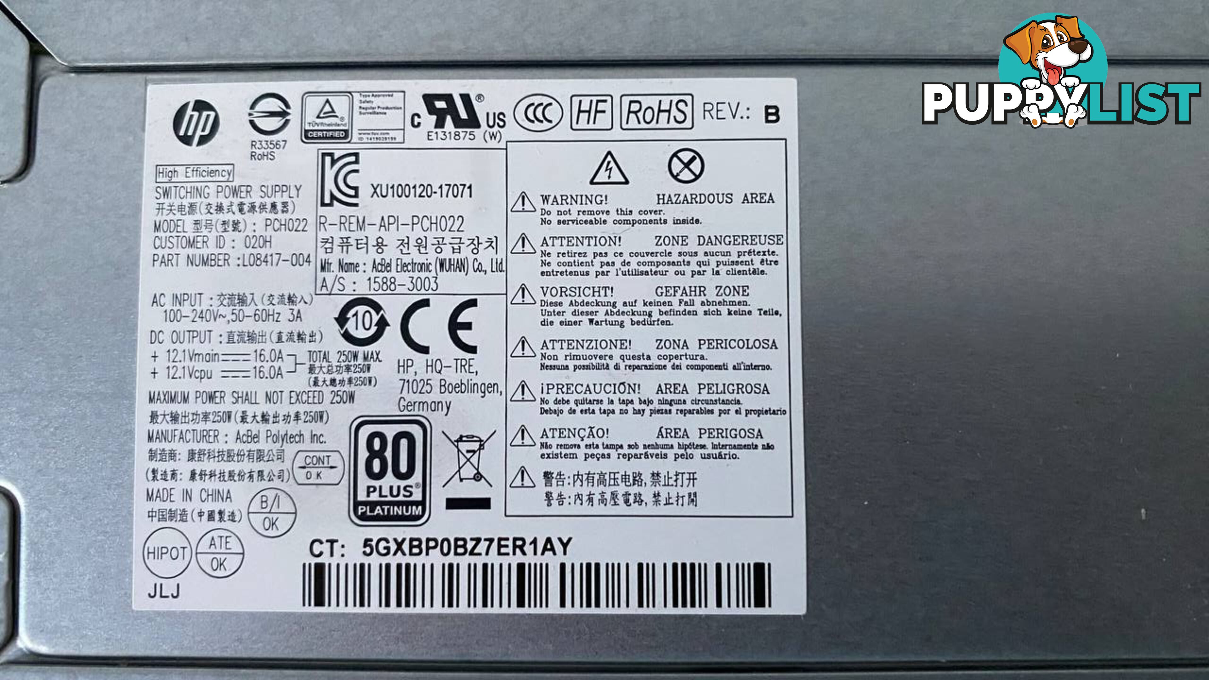 HP Switching Power Supply 250w 800/880 G3 Z2/800 G4 G5 L08417-004