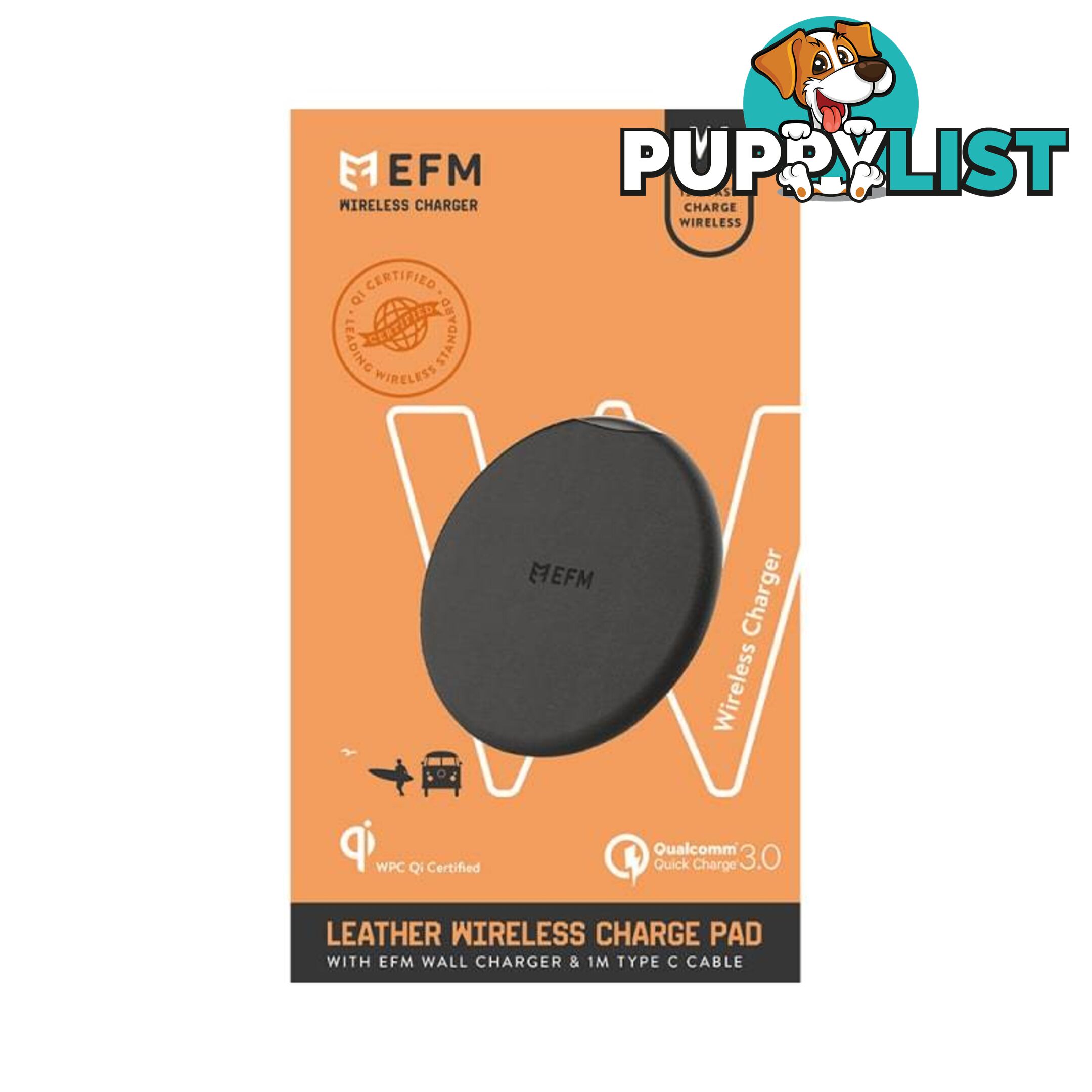 EFM Leather Wireless Charge Pad 15W Qi WPC Certified with USB Wall Adapter - EFM - 9319655068060