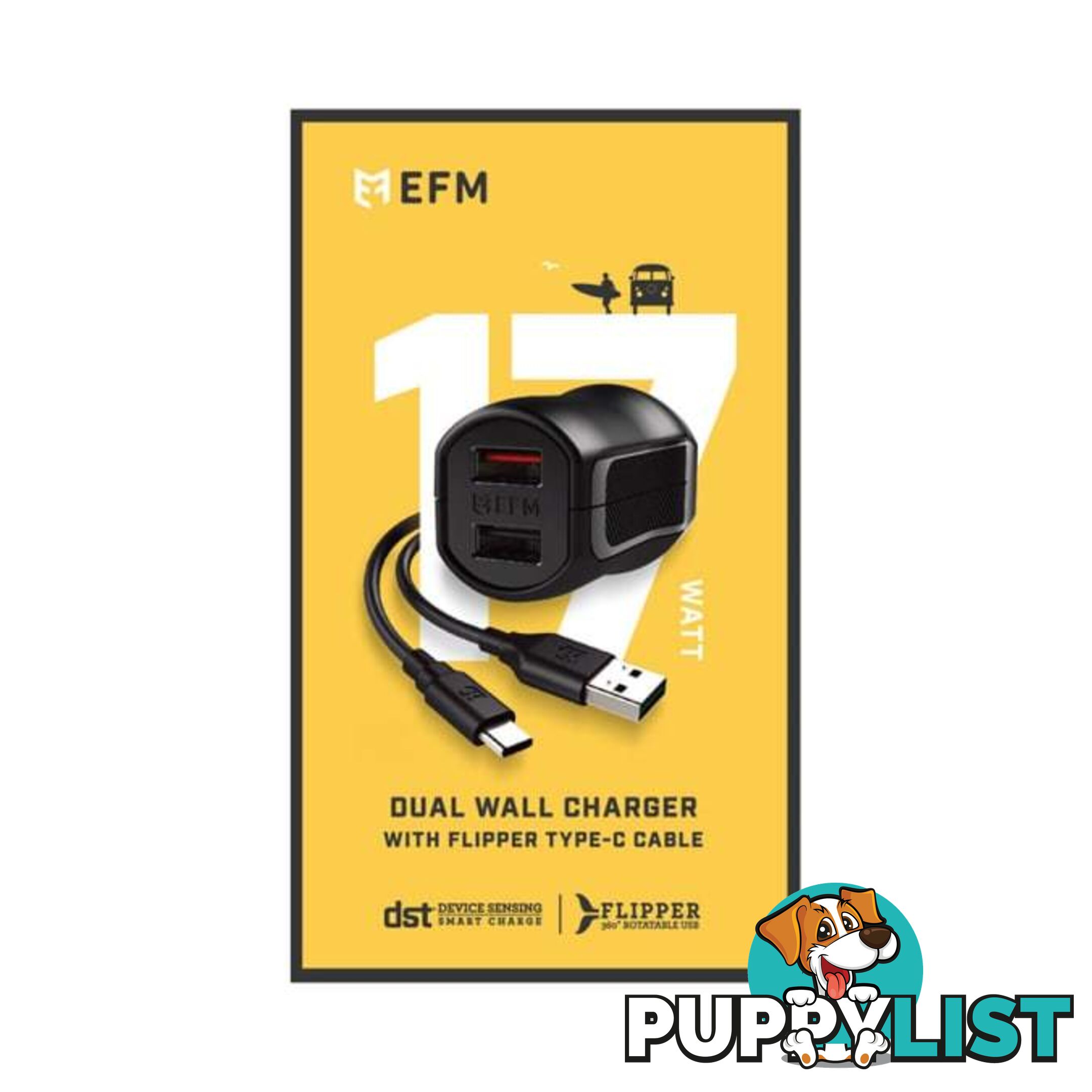 EFM Dual USB Rapid Wall Charger 3.4A With Type C Cable - EFM - 9319655058511