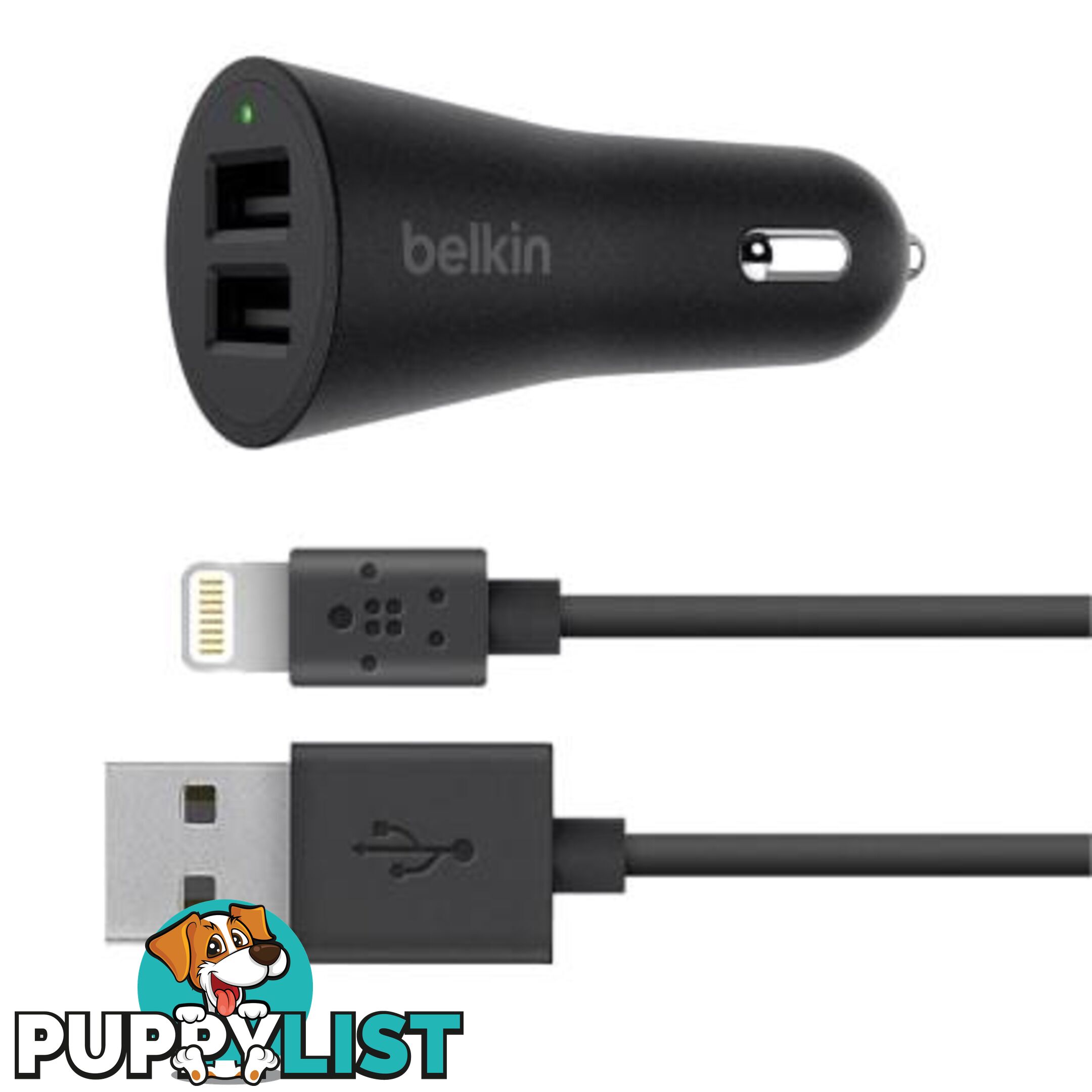 Belkin BOOSTUP 2-Port 24W Metallic Car Charger With USB-A to Lightning cable - Black - Belkin - 745883738694