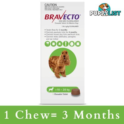 BRAVECTO CHEWABLE TABLET FOR MEDIUM DOGS 10-20KG (