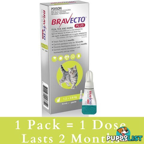 BRAVECTO PLUS FOR SMALL CATS 1.2 -2.8KG (GREEN)