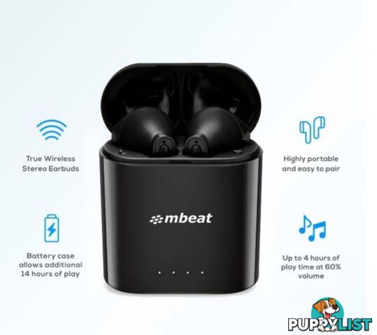 mbeatÂ® E1 True Wireless Earbuds â Up to 4hr Play time, 14hr Charge Case, Easy Pair - SPMB-MB-TWS-E1