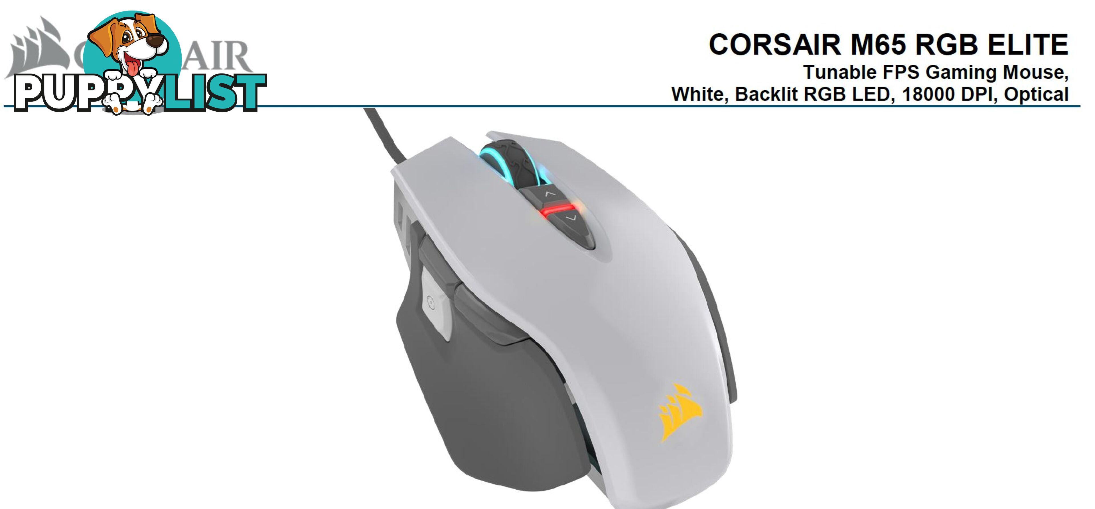 Corsair M65 RGB ELITE Tunable FPS Gaming Mouse White with Black, 18000 DPI, Optical, iCUE Software. - MICH-M65RGBELITE-WK