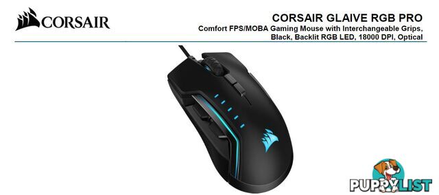 Corsair Gaming GLAIVE PRO RGB Gaming Mouse â Black, Backlit RGB LED, 18000 DPI, Optical, CUE Software, Changeable Thumb Grips. - MICH-GLAIVE-PRORGBBK