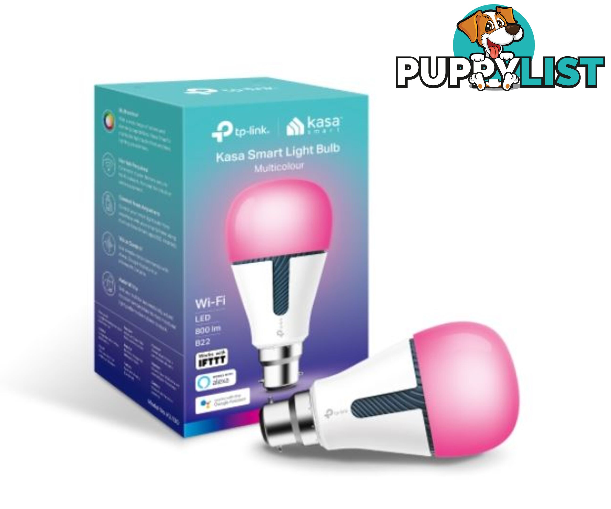 TP-Link KL130B Kasa Smart Light Bulb, Bayonet Fitting, Multicolour, No Hub Required, Voice Control, 2500K-9000K, 800lm, 10W, 2.4 GHz, 2 Year Warranty - HETL-KL130B