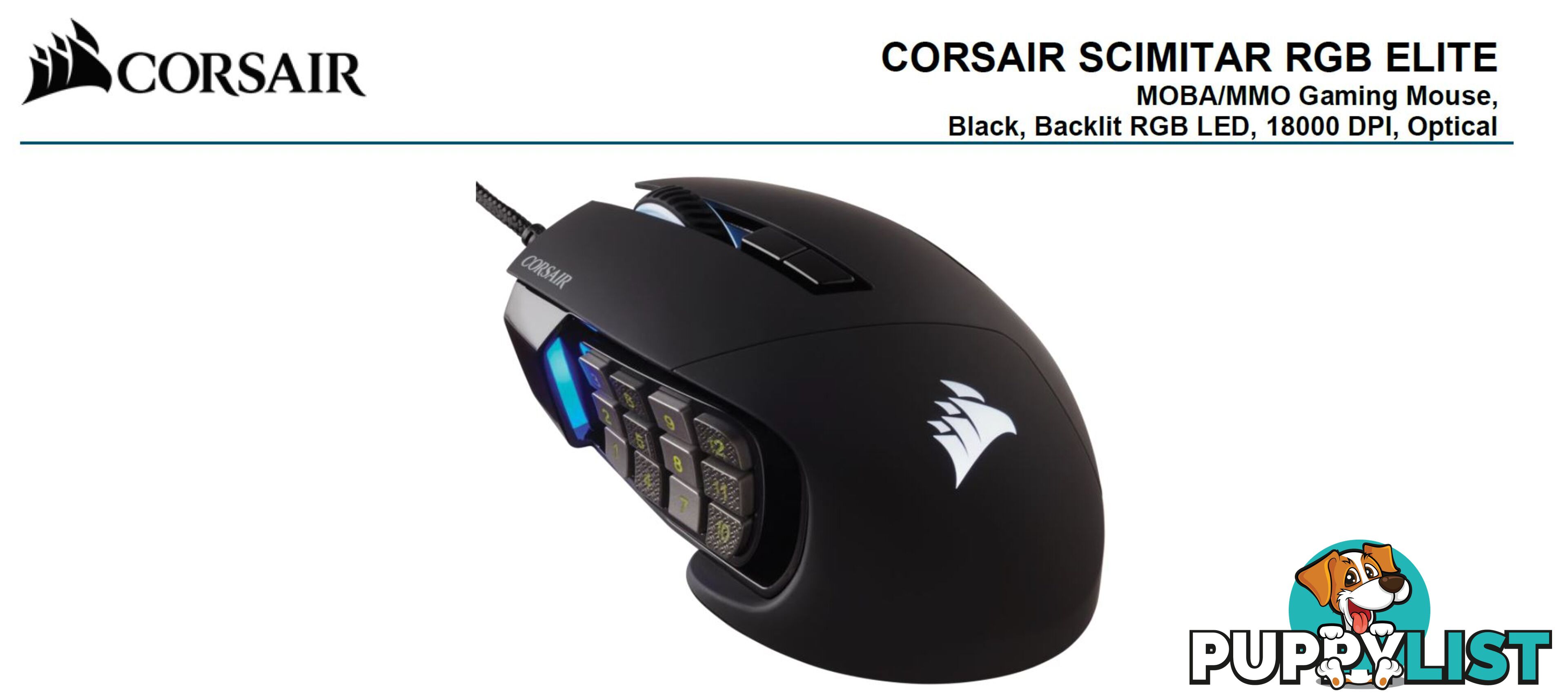 Corsair SCIMITAR RGB ELITE Black Gaming Mice, 17 programmable buttons, 18,000 DPI - MICH-SCIMITAR-EL-BK