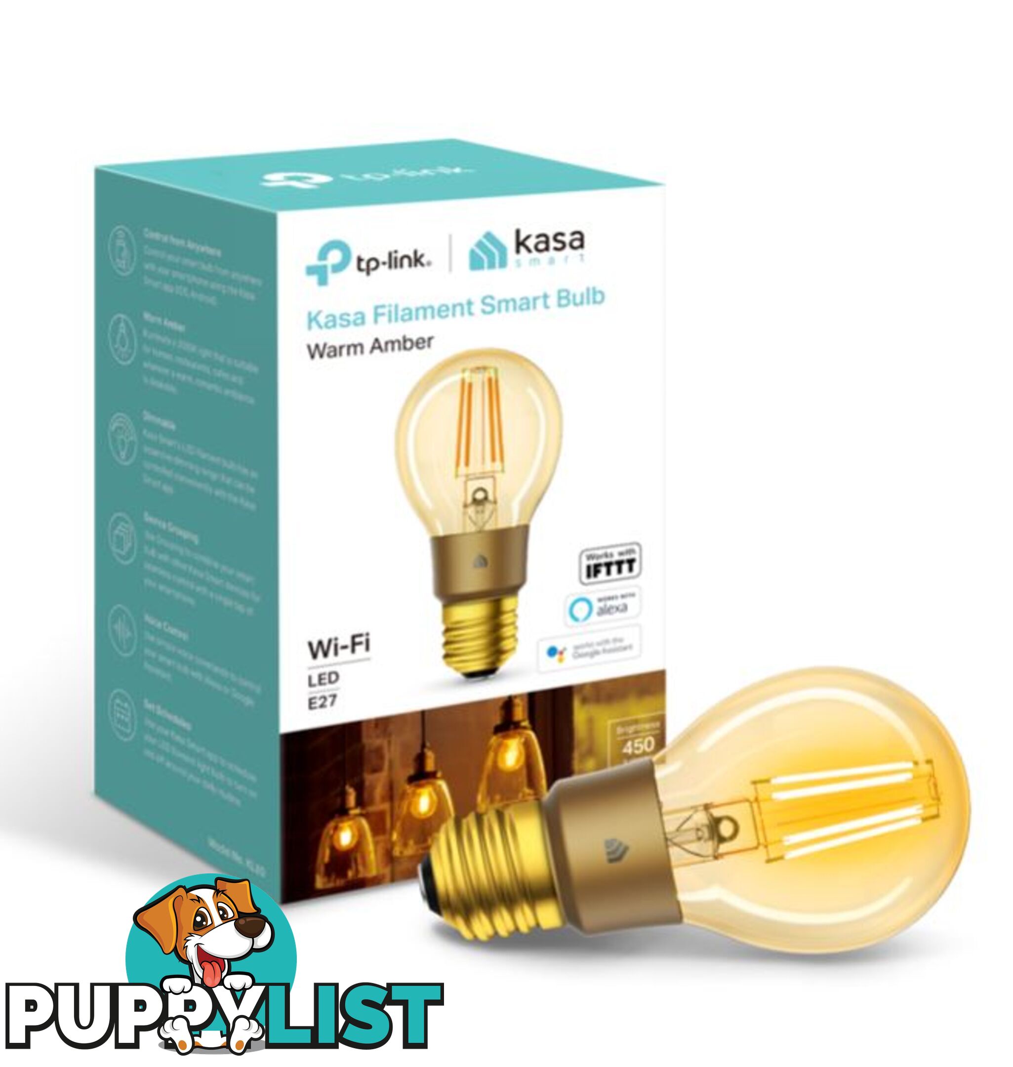 TP-Link KL60 Kasa Filament Smart Bulb, Warm Amber, Edison Screw, Dimmable, No Hub Required, Voice Control, 2000K, 5kWh/1000h, 2.4 GHz, 2 Year Warranty - HETL-KL60