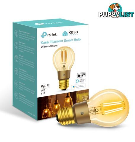 TP-Link KL60 Kasa Filament Smart Bulb, Warm Amber, Edison Screw, Dimmable, No Hub Required, Voice Control, 2000K, 5kWh/1000h, 2.4 GHz, 2 Year Warranty - HETL-KL60